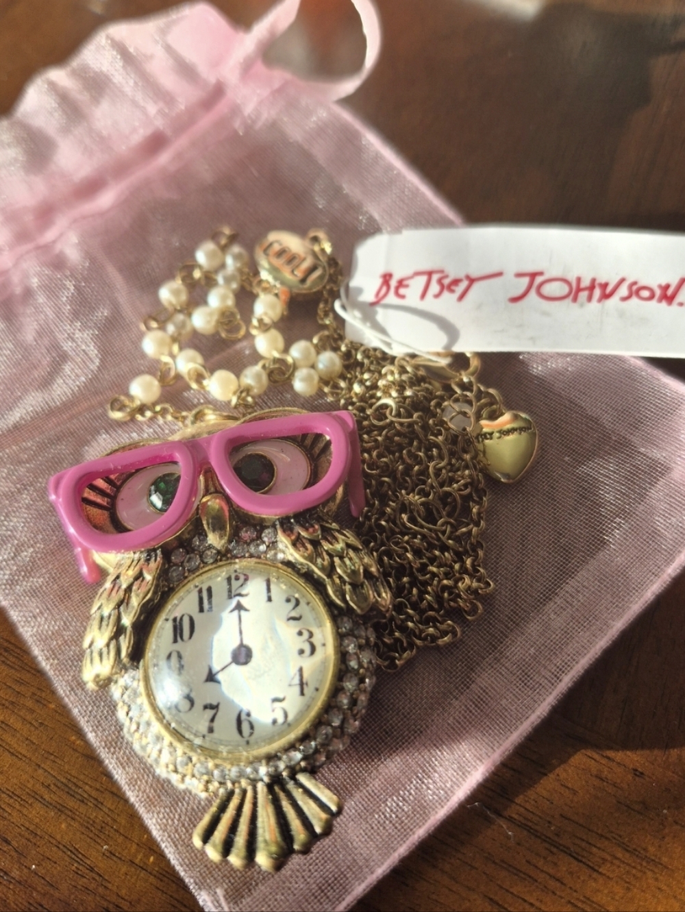 Betsey Johnson "Back to Cool" Owl and Clock Pendant Necklace.